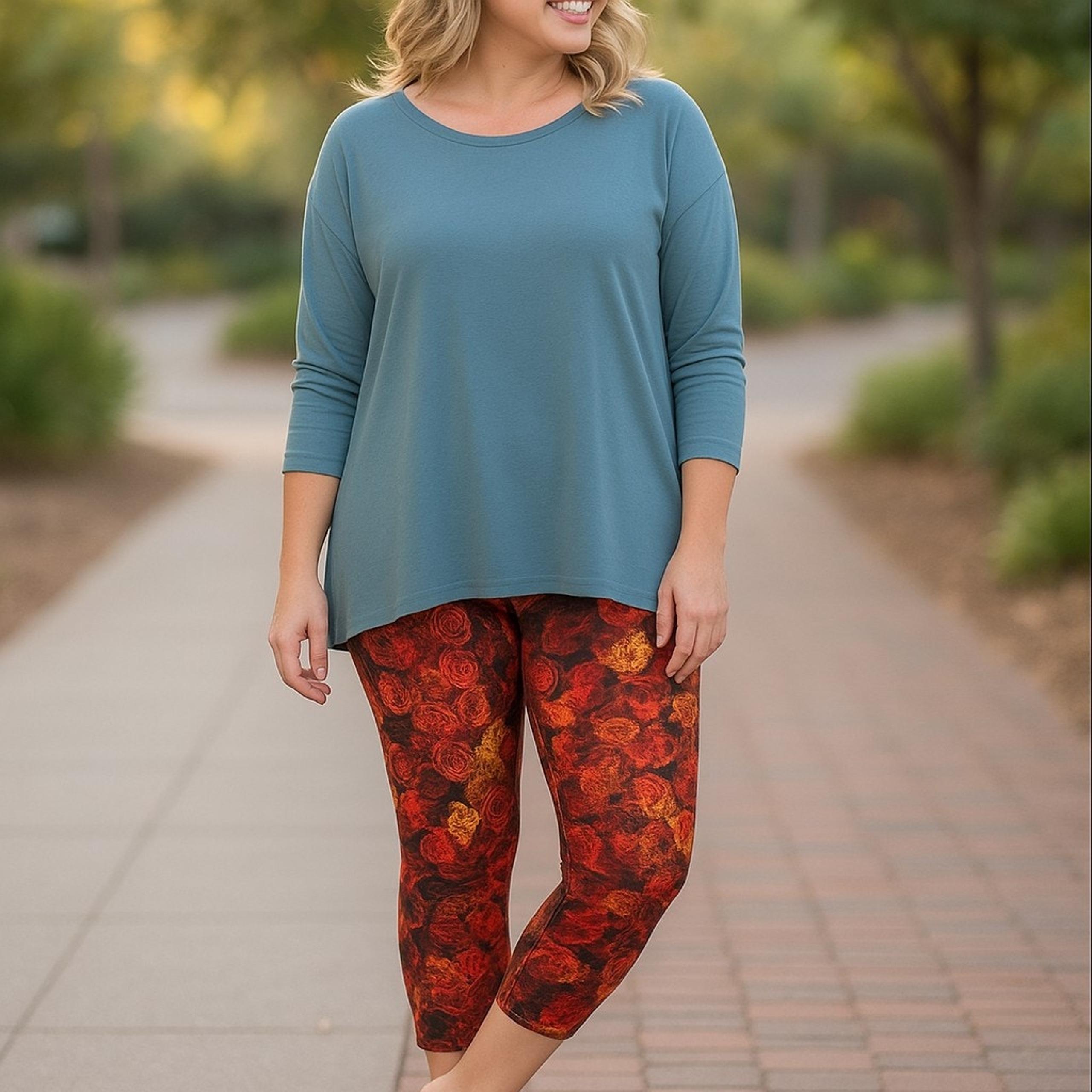 LuLaRoe Womens Leggings L Jade Athletic Capris Activewear Black Red Yellow Roses