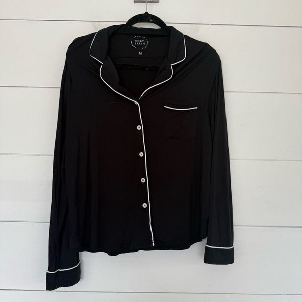 Cozy Earth Women’s Medium Black Soft Cozy Pajama Button Down Top Shirt