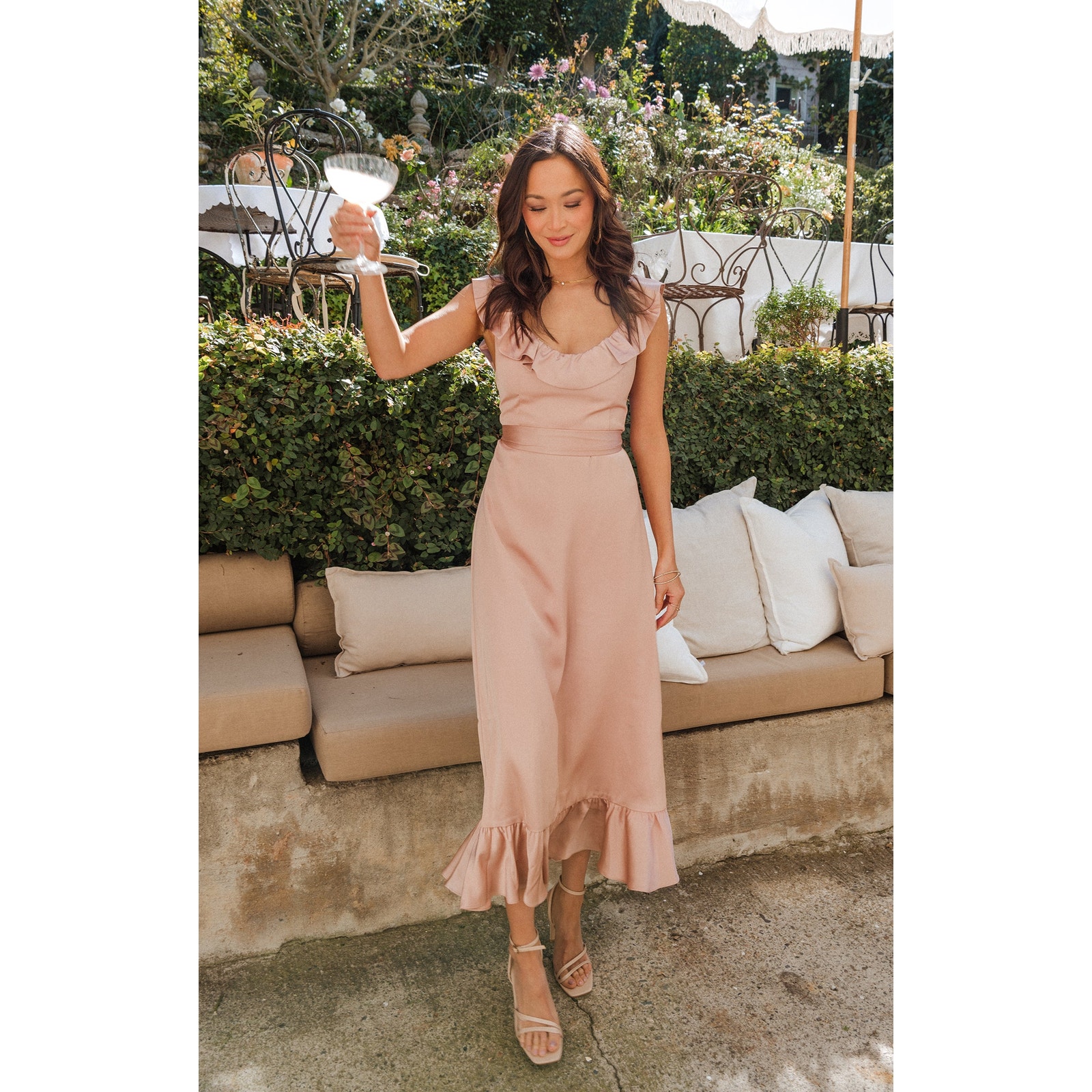 Show Me Your Mumu Alexis Midi Dress in Rose Gold Luxe Satin L