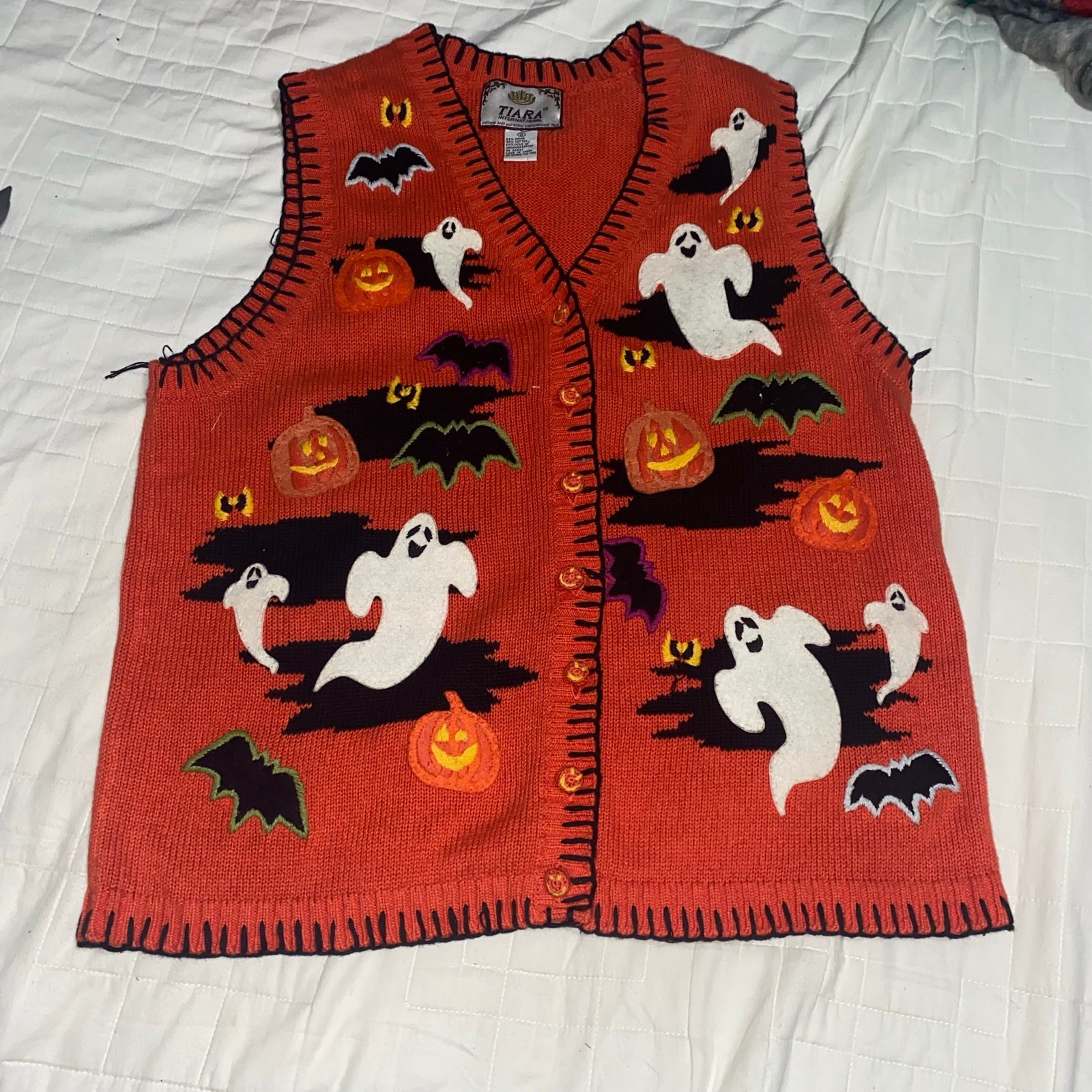 VTG Y2K Tiara International Halloween Sweater Vest Orange Ghosts Pumpkins Bats S