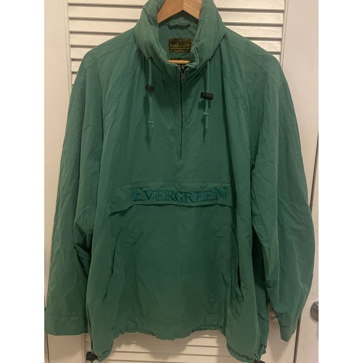 Vintage Men's M Green EVERGREEN OUTERWEAR Pullover Coat Jacket w/hoodie 1/4 Zip