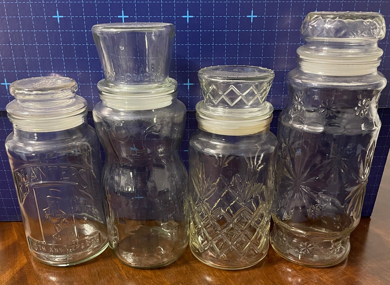 Planters Mr Peanut 1981 75th Anniversary Clear Glass Embossed Lid Jar LOT OF 4