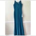 Dress the Population Iris Green Deep V Full Length Satin Gown Dress