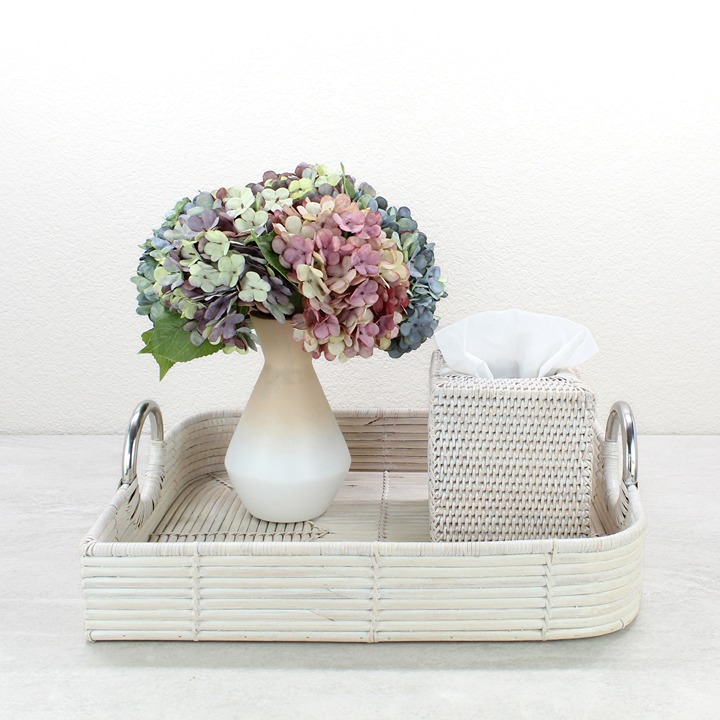 Leaf Shaped Rattan Cane Tray with Steel Handles- Whitewash
