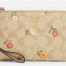 Coach Corner Zip Wristlet In Signature Canvas w/ Nostalgic Ditsy Print NWT