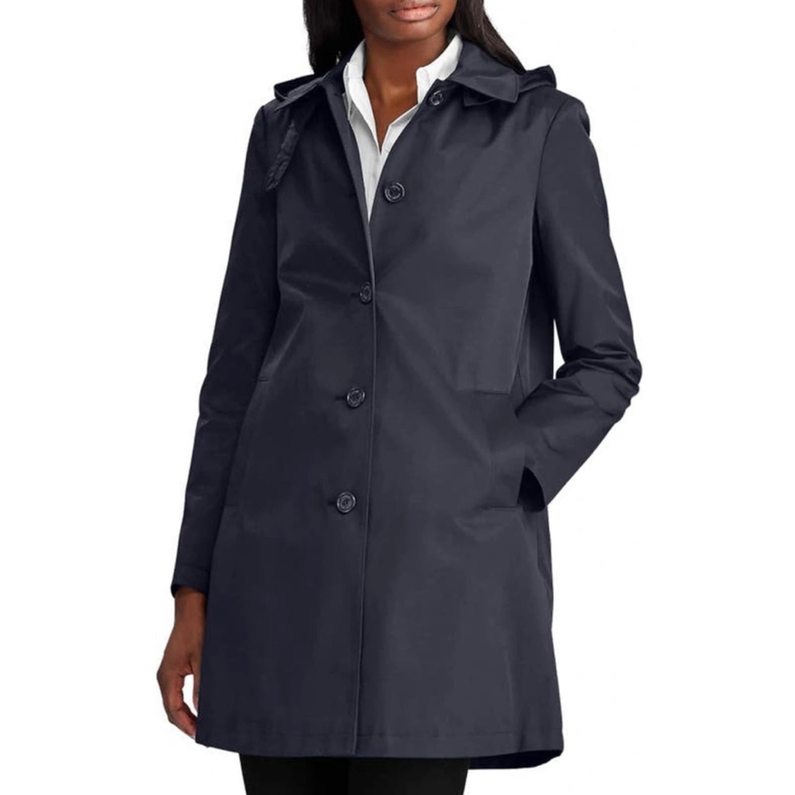 LAUREN RALPH LAUREN • Navy Blue Balmacaan Hooded Raincoat