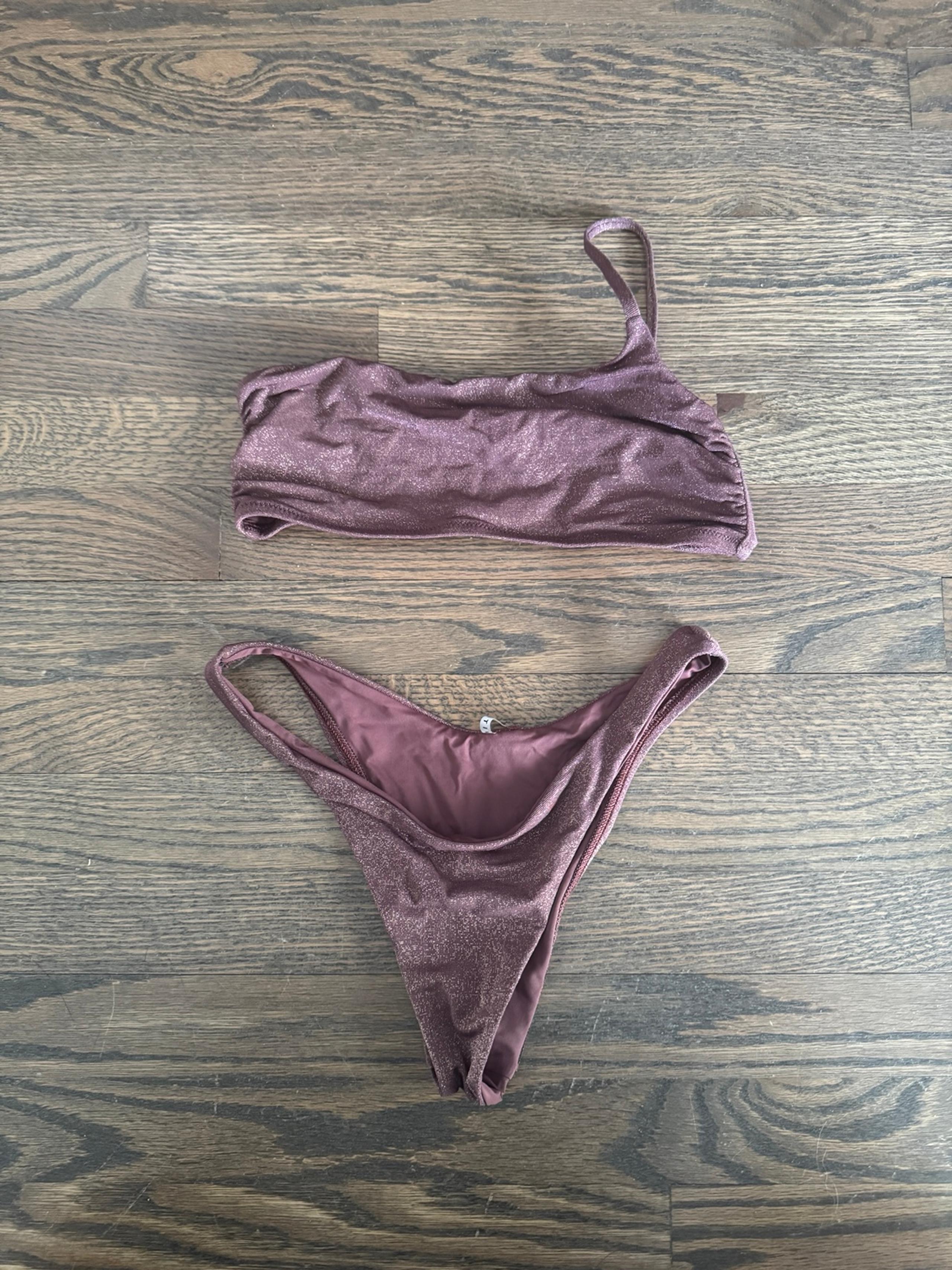 Vitamin A Asymmetrical One Shoulder Sparkly Plum Purple Bikini Set