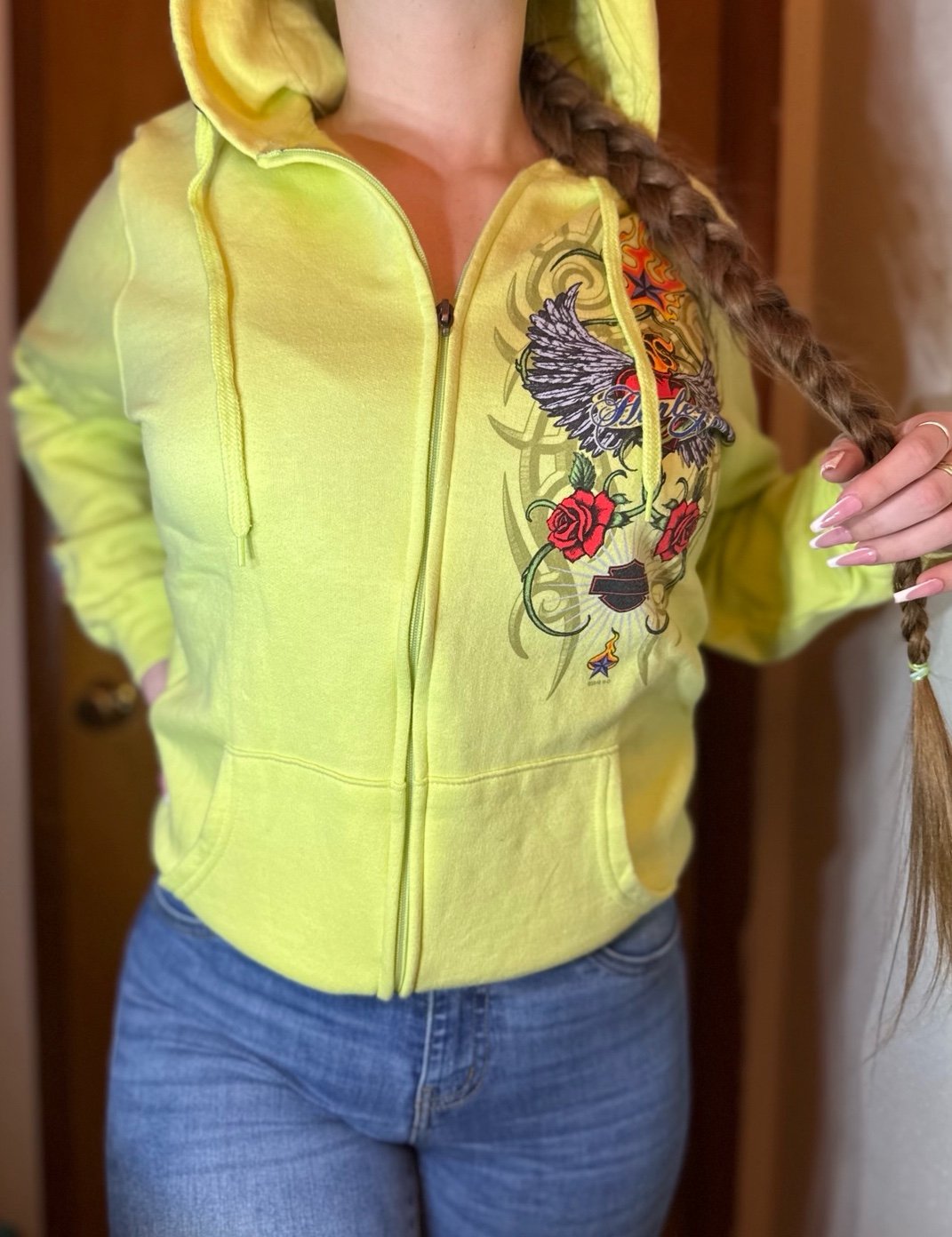 Harley Davidson Tattoo Design Lime/Yellow Graphic Hoodie, New Berlin Wisconsin