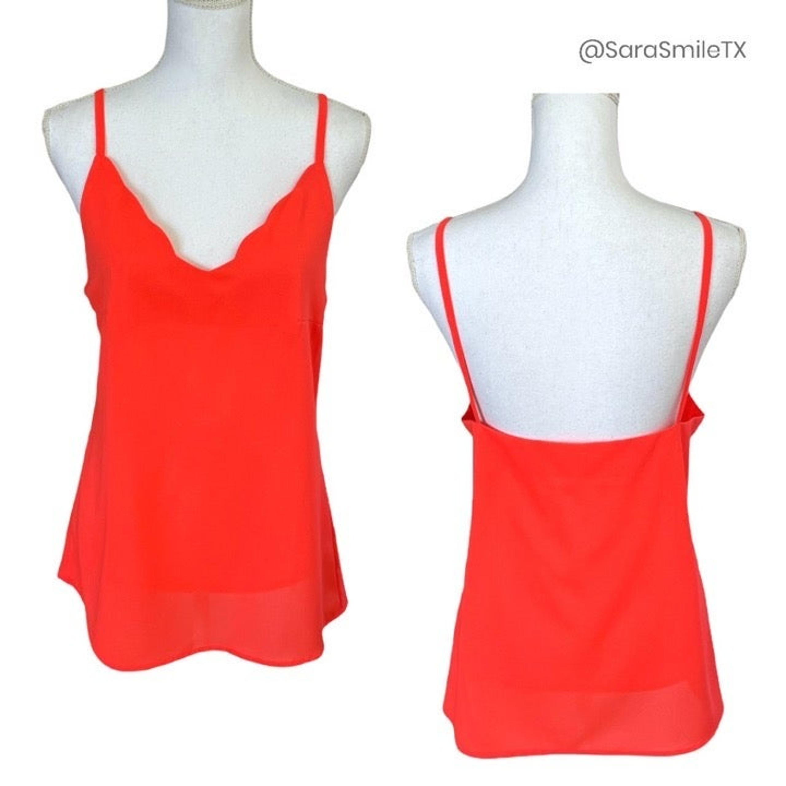NWOT {BOUTIQUE} Neon Orangish Hot Pink Wavy Scallop V-Neck Camisole