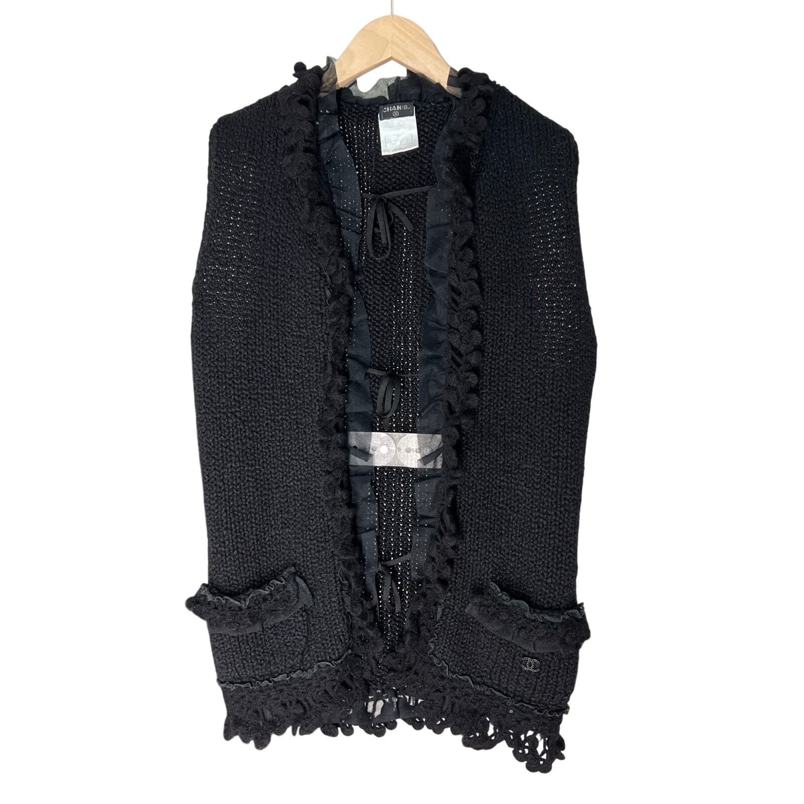VTG CHANEL BLACK Cashmere Cardigan F/W 2002 Karl Lagerfeld Sleeveless Mock Neck