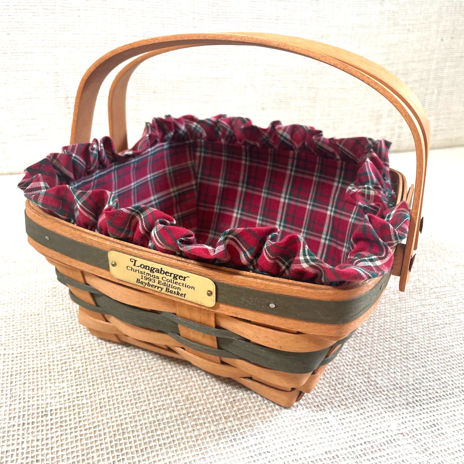 Vintage Longaberger 1993 Christmas Green Bayberry Basket with Liner~13th Edition