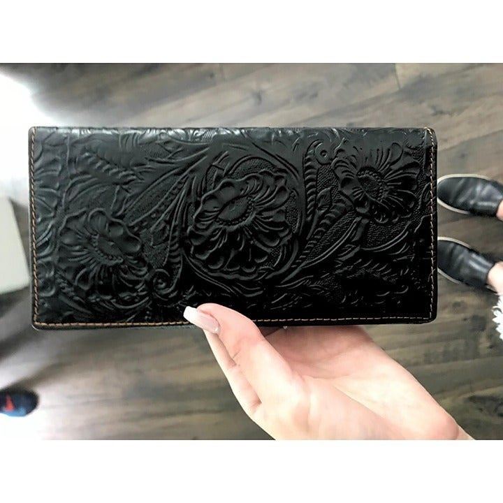 Women's Black Genuine Leather Bifold Wallet Long Embossing Clutch Purse