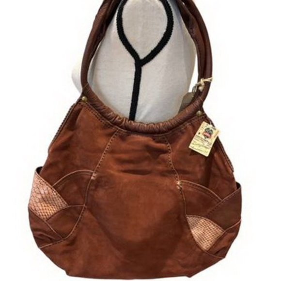 Lucky Brand Bourbon Brown Leather Suede Patchwork Large Hobo