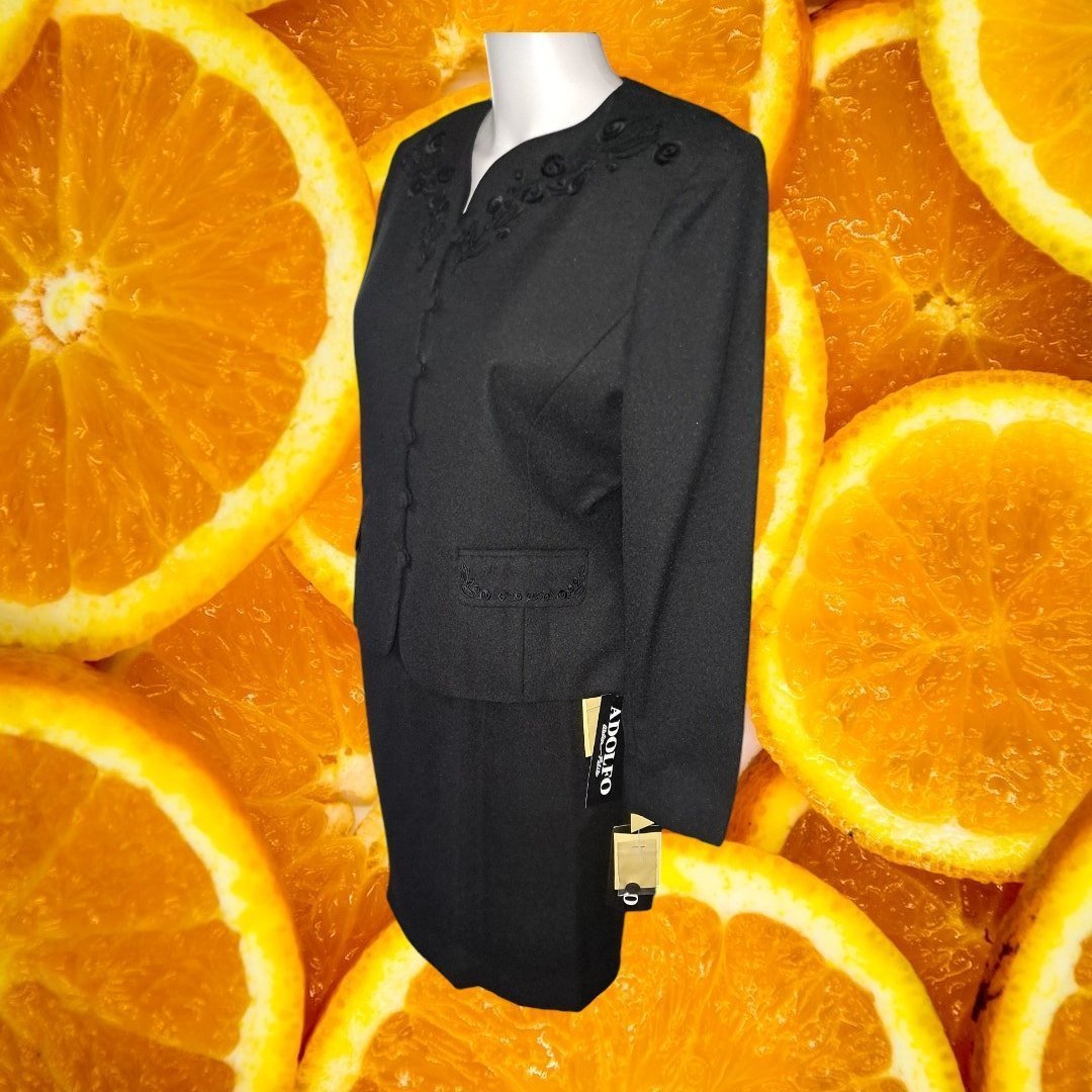 NWT Adolfo Black Skirt Suit Set With Embossed Design Size 8P