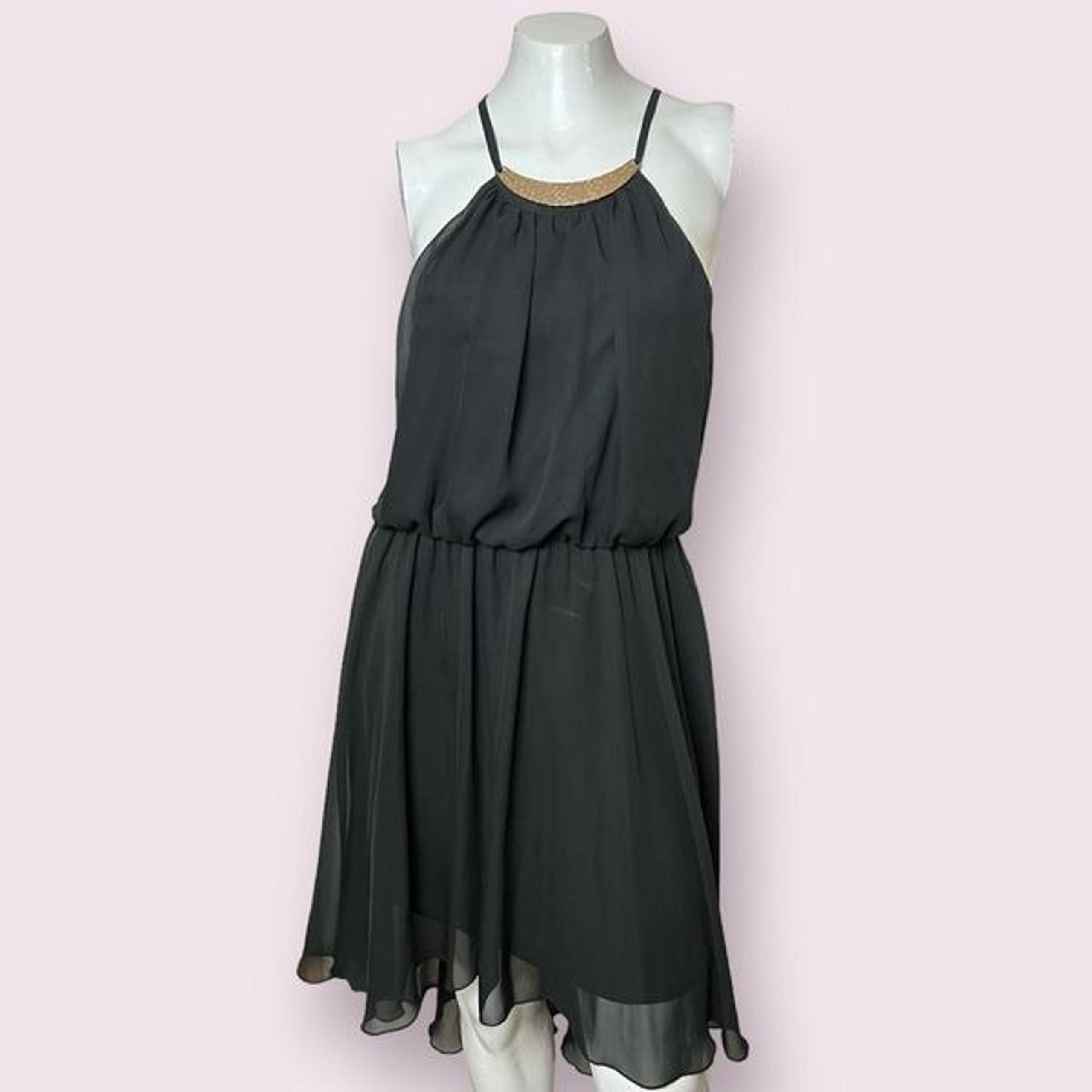 Lily Rose Black Flowly High Low Defined Waist Dress with Metal Lic Collar and Ha