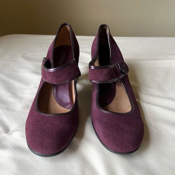 Plum Purple Suede Leather Mary Jane Pump Slip On Round Toe Chunky Heel Women’s 9