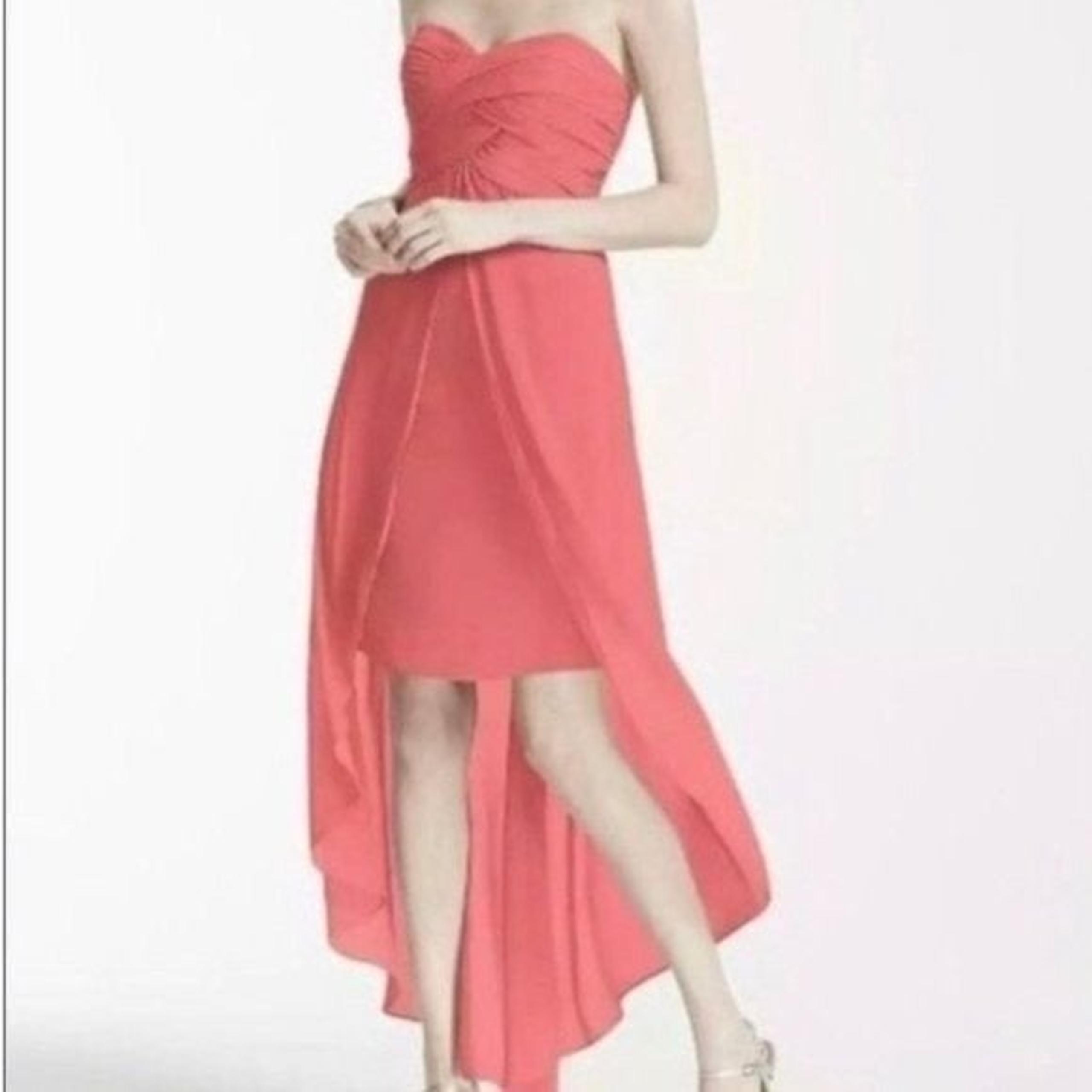 David’s Bridal Strapless High Low Dress with Front Detail Coral Reef