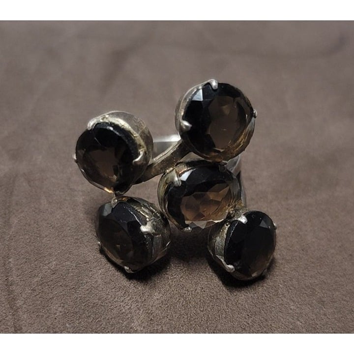 Estate Vintage Rare Amrita 925 Silver Cluster Ring With Smoky Quartz Gemstones