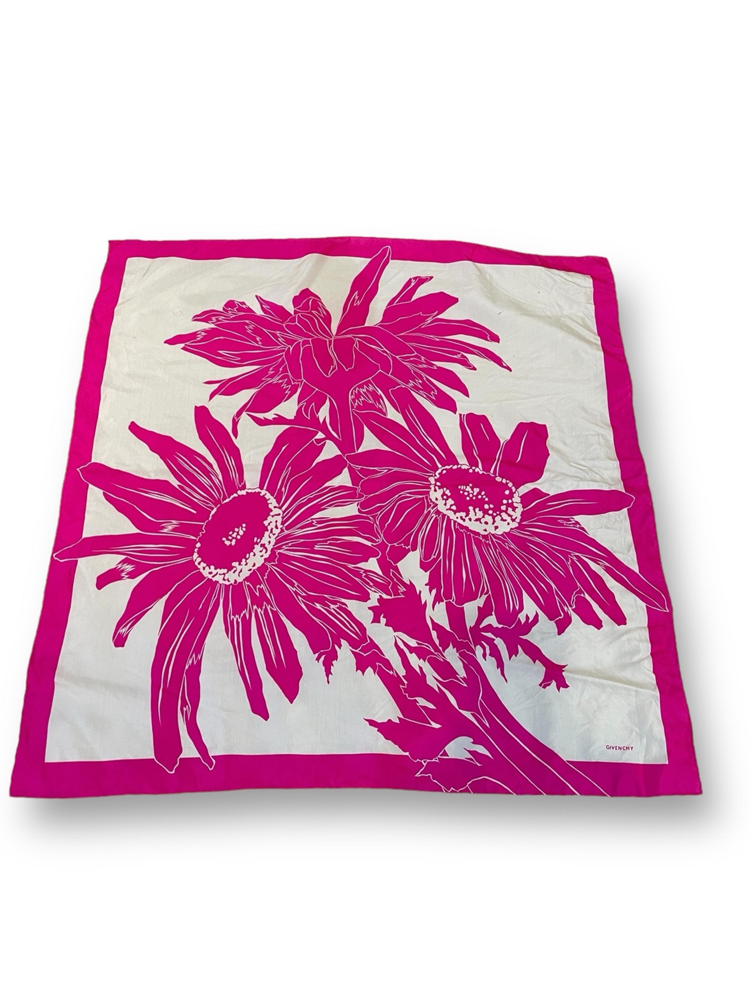 Vintage Hot Pink Givenchy silk Graphic Floral print square scarf 1980's