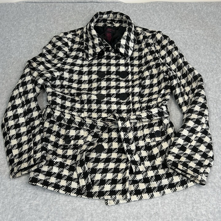 New Look Wool Blend Houndstooth Pea Coat Button Down Black/White - Women's Large