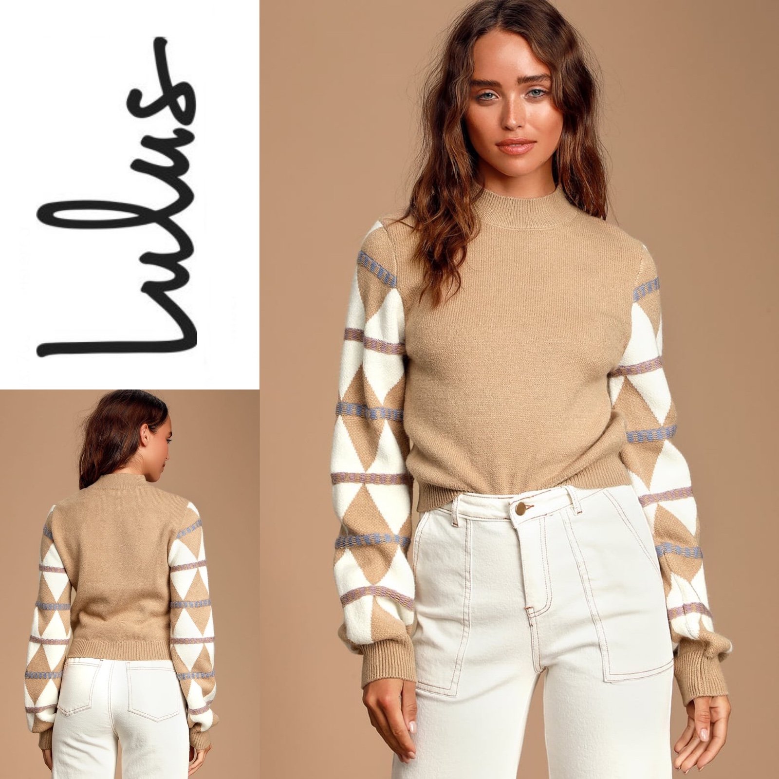 NWT LULUS Meet and Greet Tan Multi Sweater Top