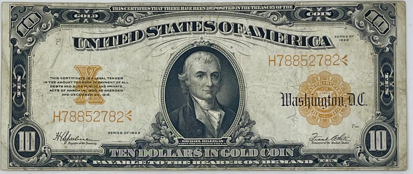 USA 1922 10 Dollar Gold Certificate FR. # 1173, Used World Banknote