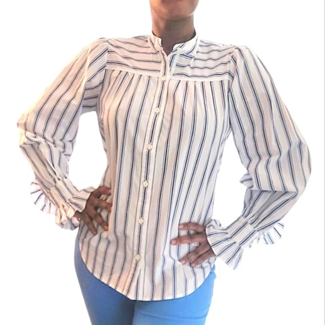 Alex Mill Lee Ruffle Cuff Blue & White Stripe Shirt