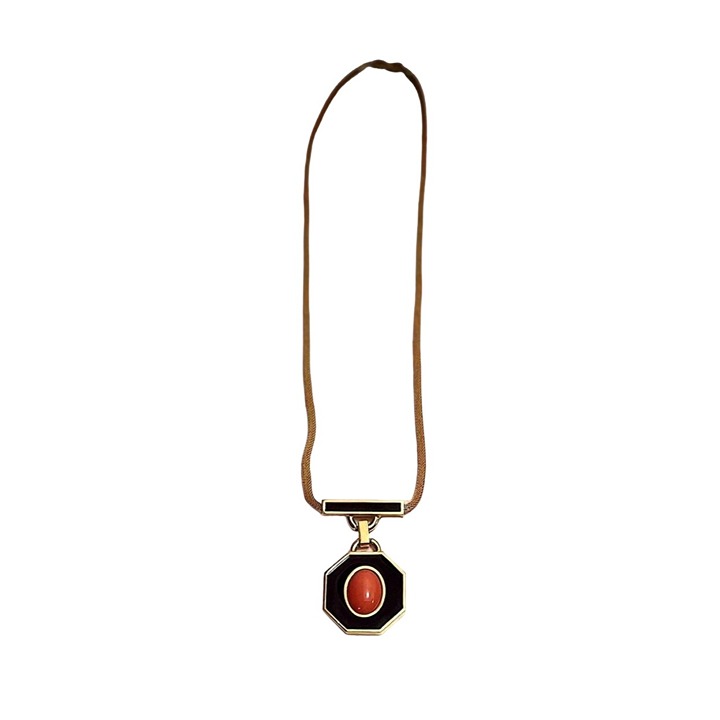 Vintage 1977 GIVENCHY Signed Necklace Orange Coral Cabochon Black Lucite and Gol