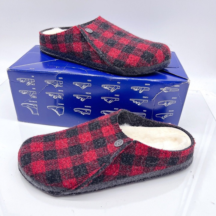 Birkenstock Zermatt Shearling Wool Plaid Red Slippers Mules EU 40 US 9- 9.5