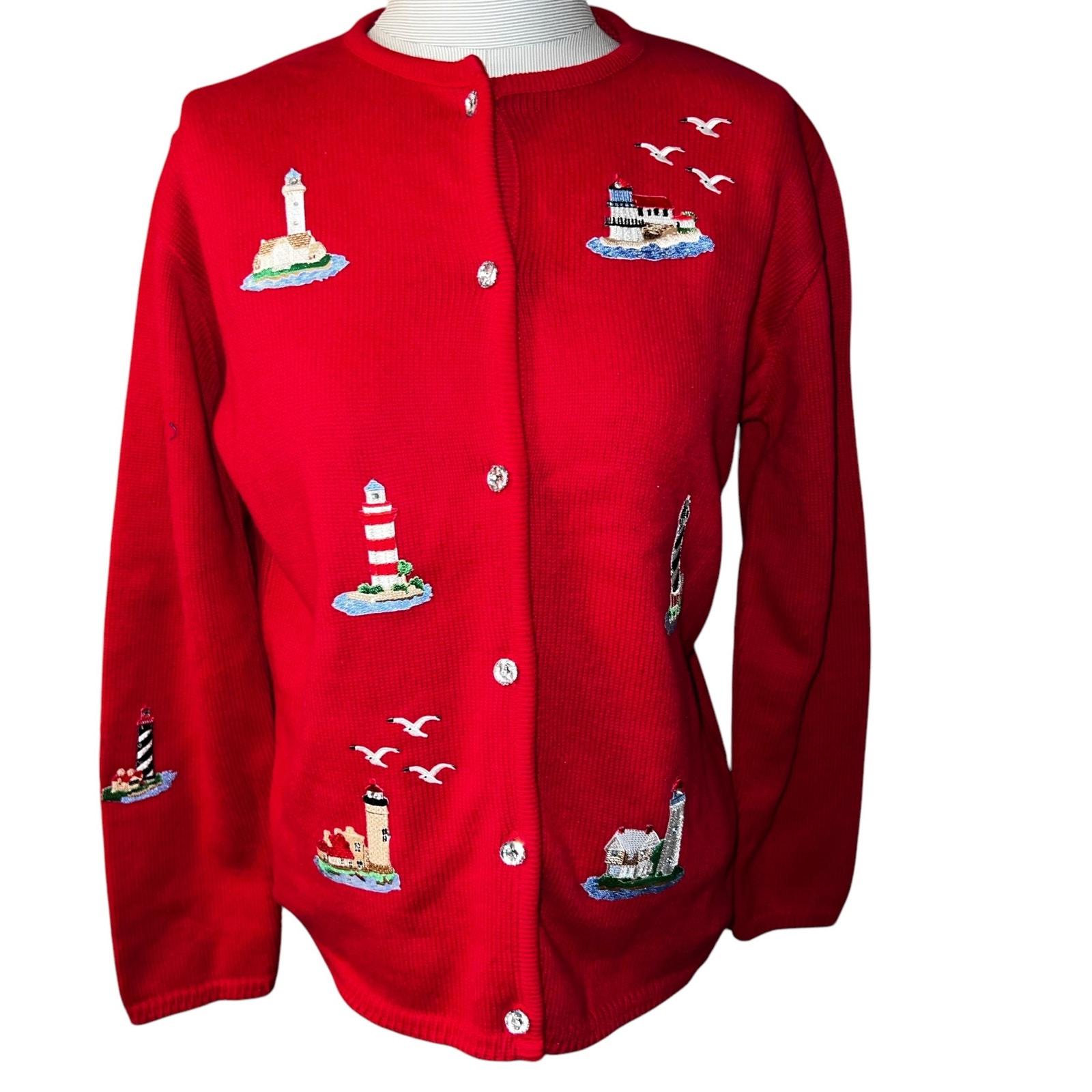 Vintage Women's Tia beach Lighthouse red button up cotton sweater size small