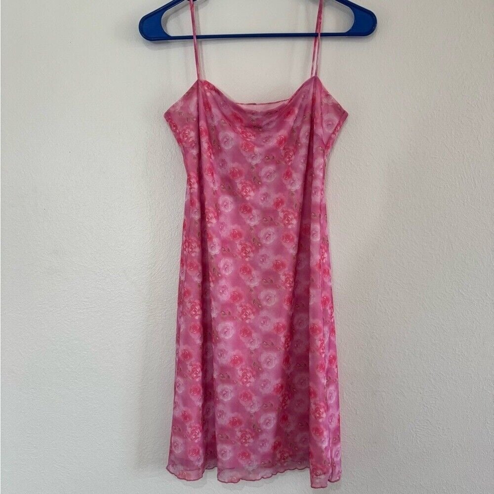 Y2K Vintage Vanity Rose Floral Pink Slip Dress Barbiecore Sz Large