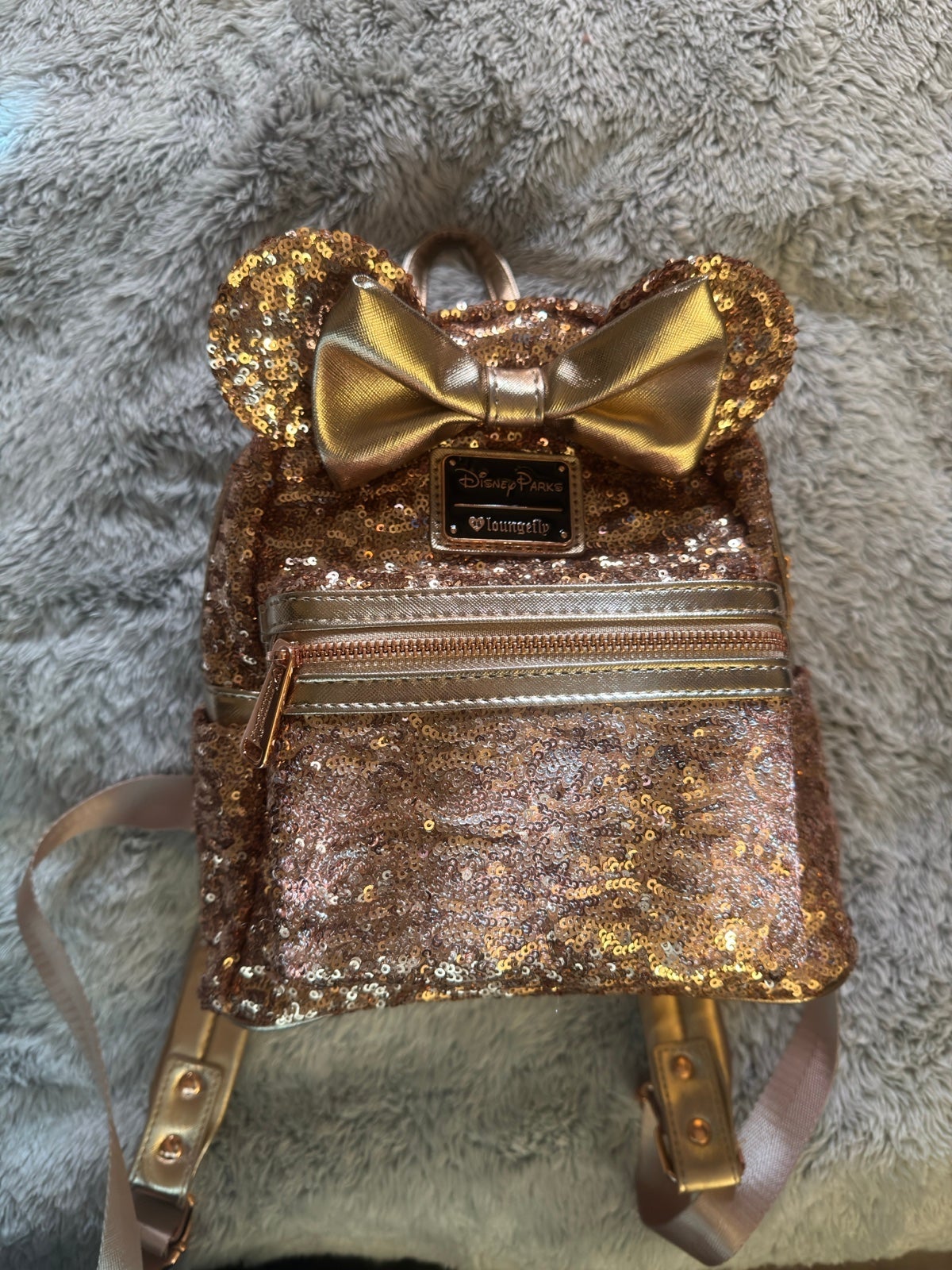 Rose gold sequin loungfly backpack and wallet set