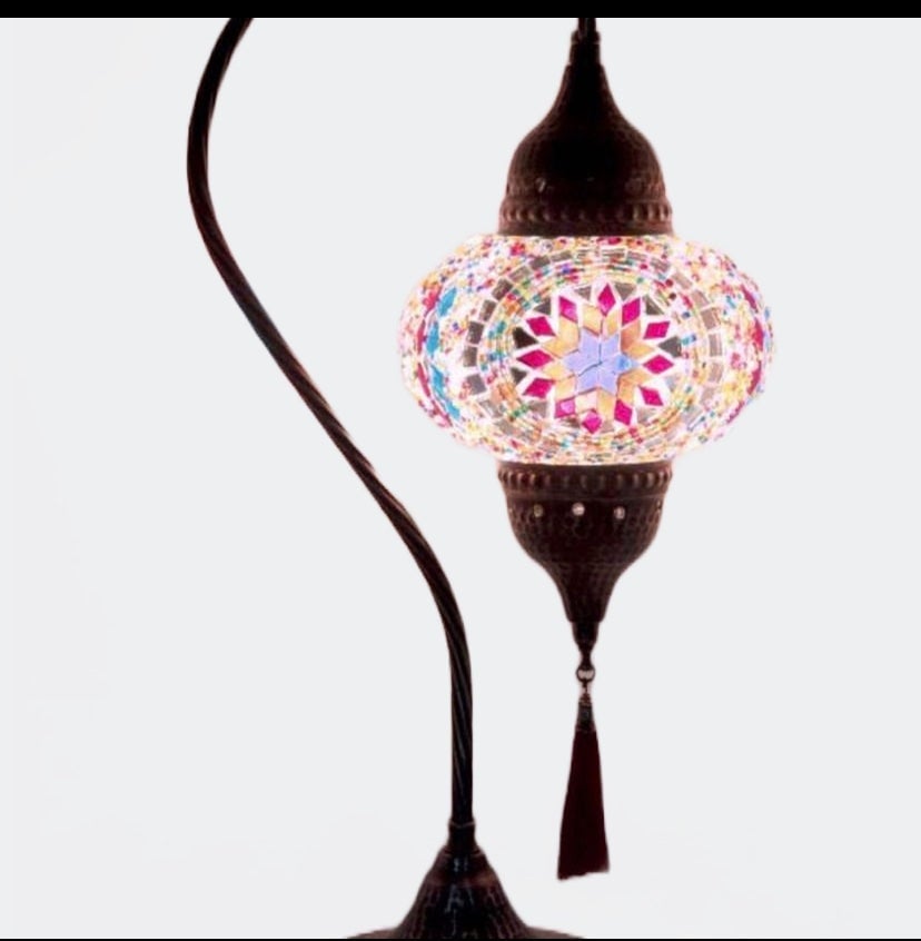 Turkish Morrocan Tiffany Mosaic Style Table Lamp with hammerd Bronze
