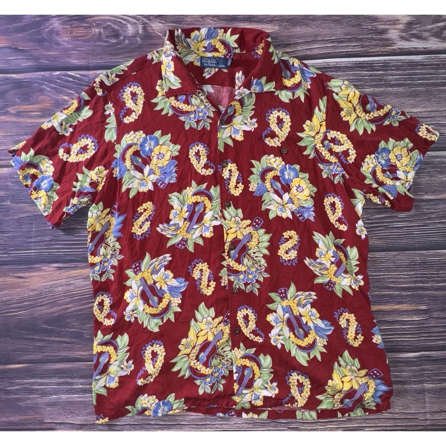 VTG 1990s Polo Ralph Lauren Men's Hawaiian Camp Shirt XL Floral Guitar Viscose