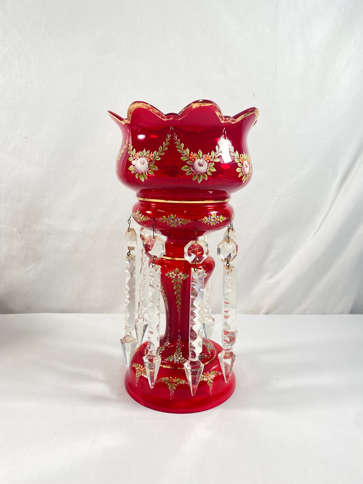 Antique Ruby Red Cranberry Handpainted Bohemian Lusters Crystal Prisms