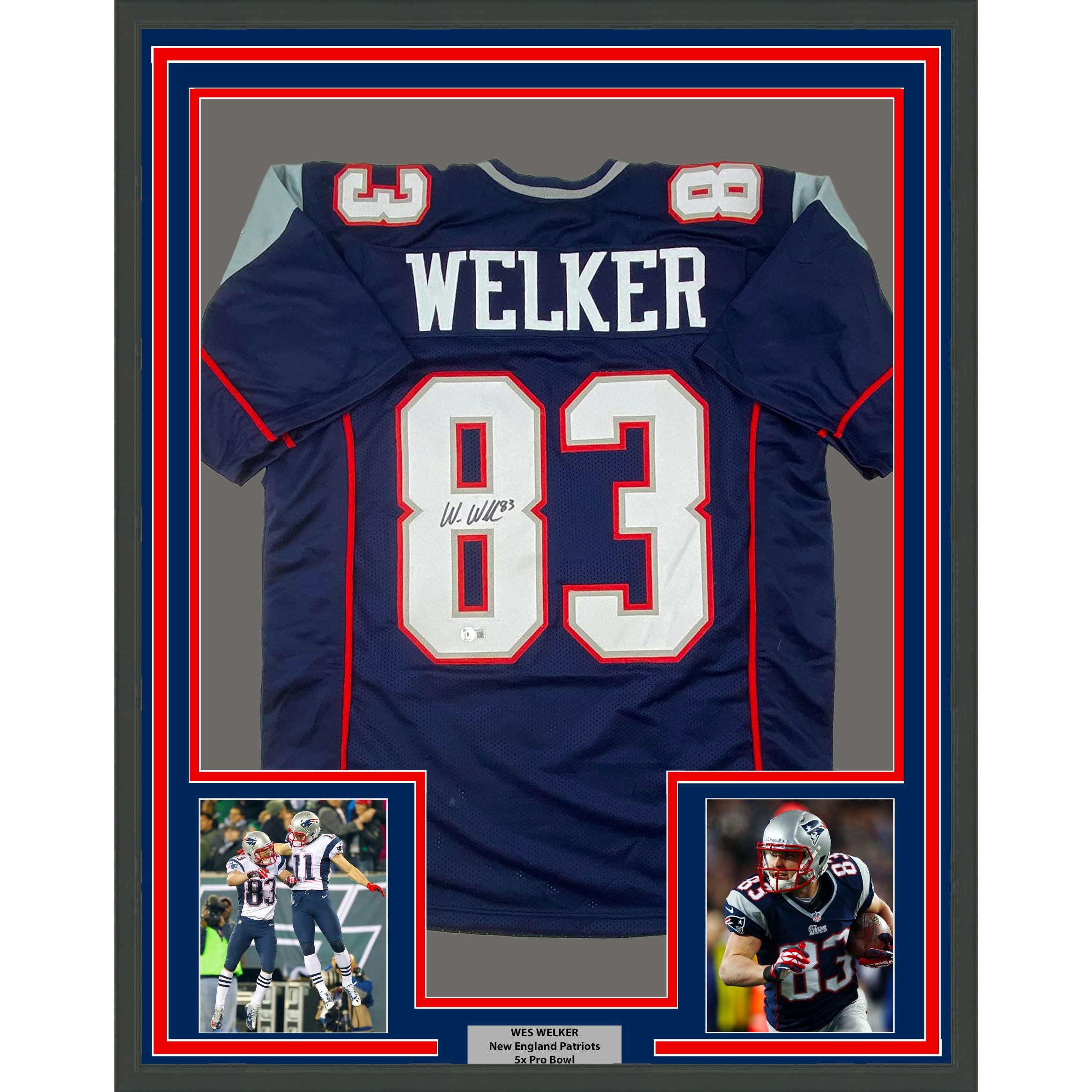 Framed Autographed/Signed Wes Welker 35x39 New England Blue Jersey Beckett BAS