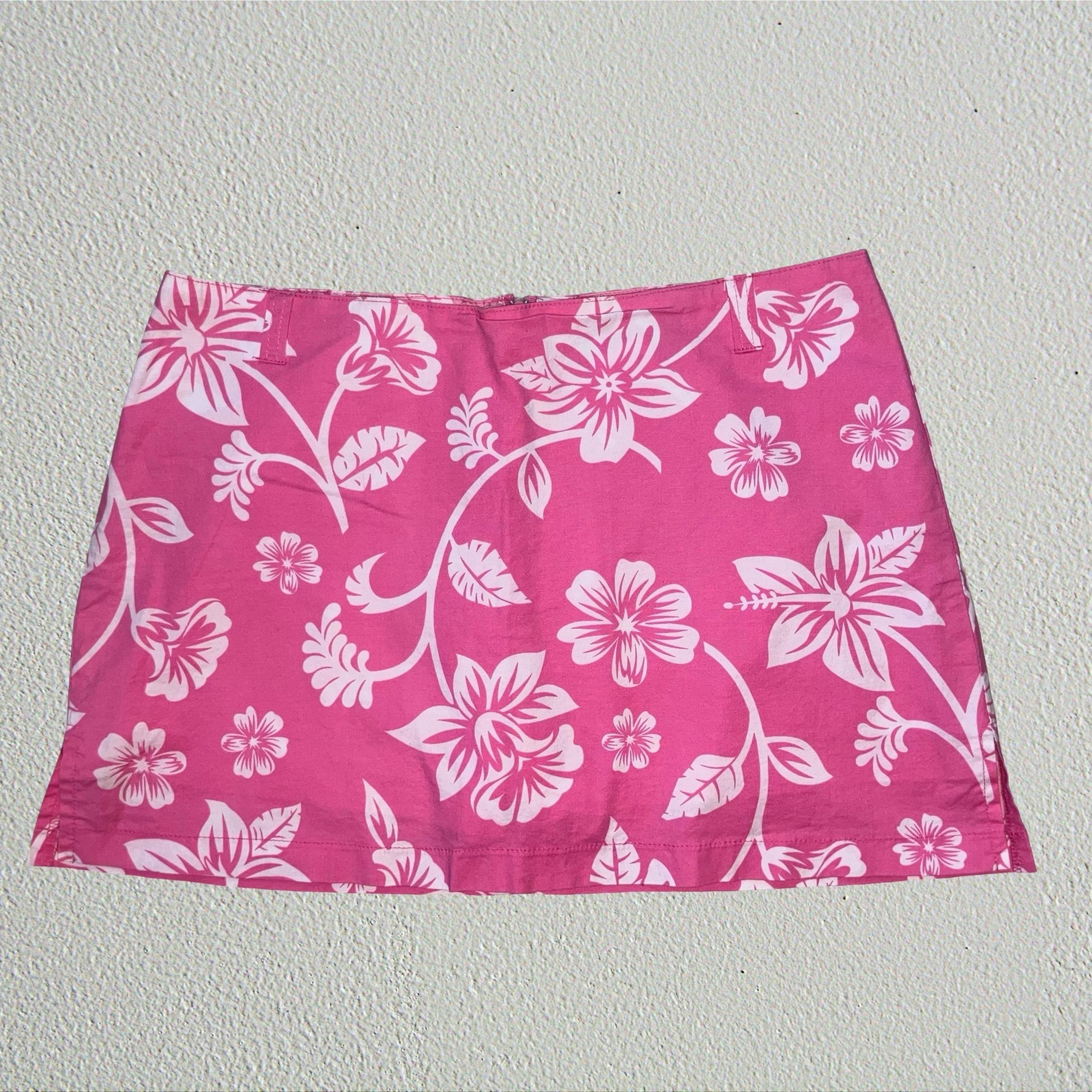 Pink floral mini skirt, Y2K tropical hawaiian beachy coconut girl resortwear