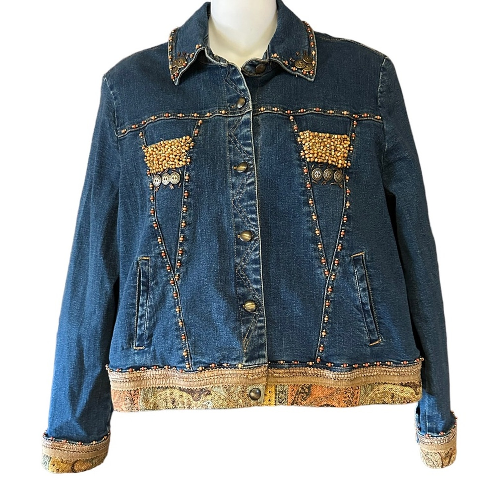 City Girl Women's Medium Bohemian Style Denim Jacket with Beads and Trim
