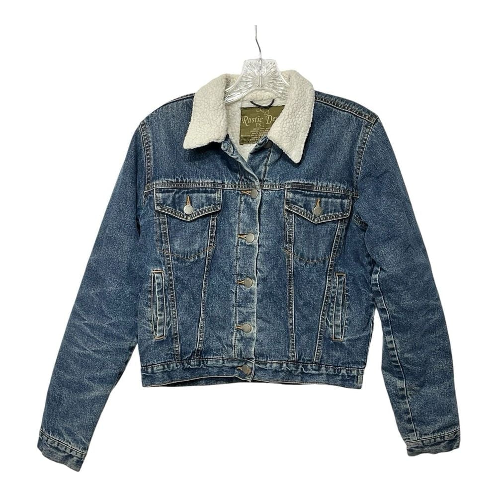 Rustic Denim Vintage Jean Jacket Womens Size S Sherpa Lined Button Down Closure
