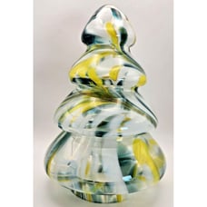 Zorza Poland Hand Blown Glass Christmas Tree Green, White, & Yellow Swirl