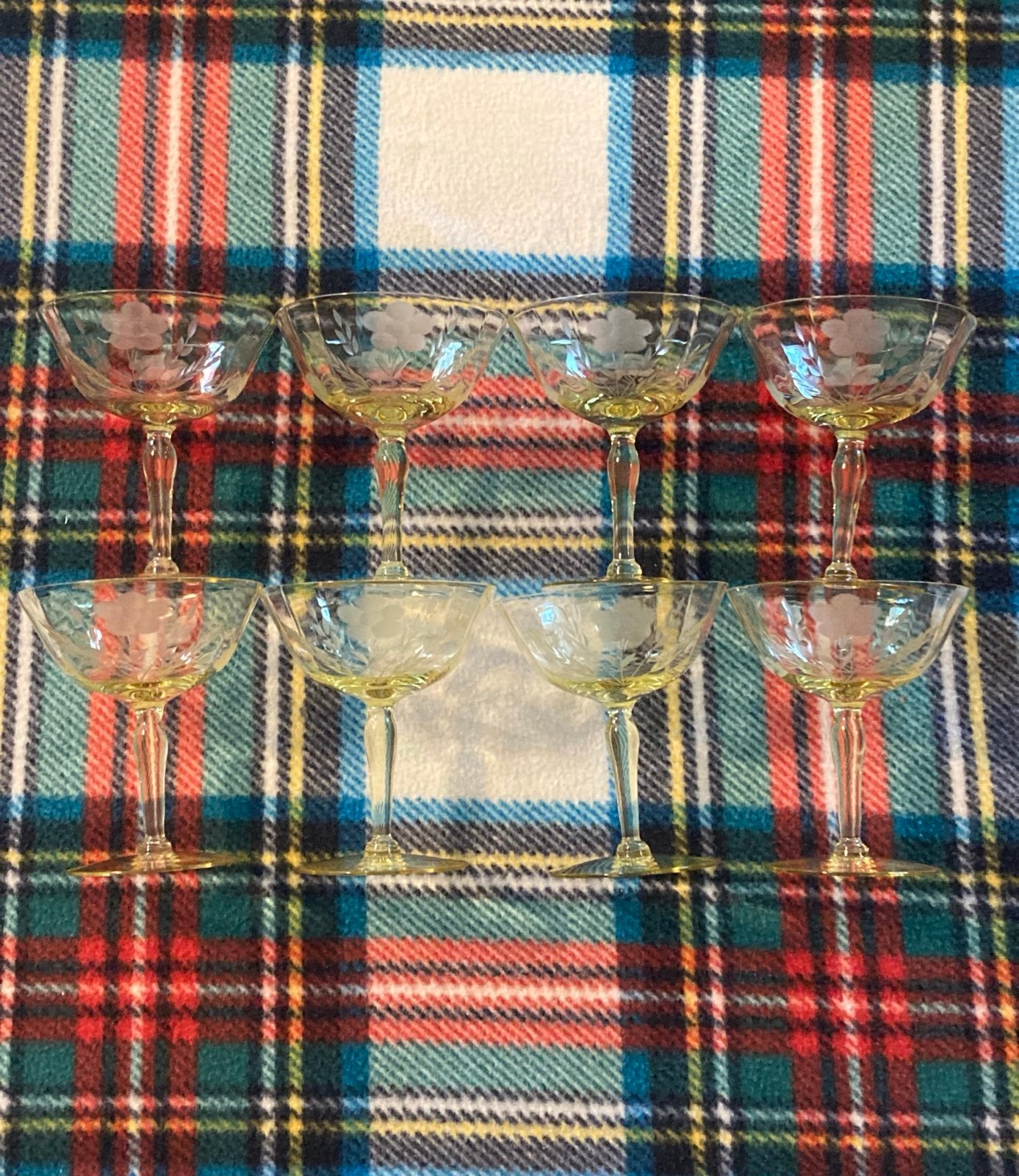 Vintage yellow topaz colored 1930s etched crystal cocktail glasses 8 !