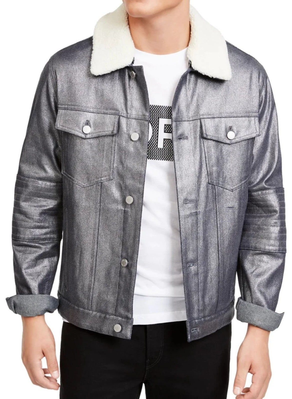 Michael kors Metallic Stretch Denim Light Catching! Sharpa collar, size L Jacket