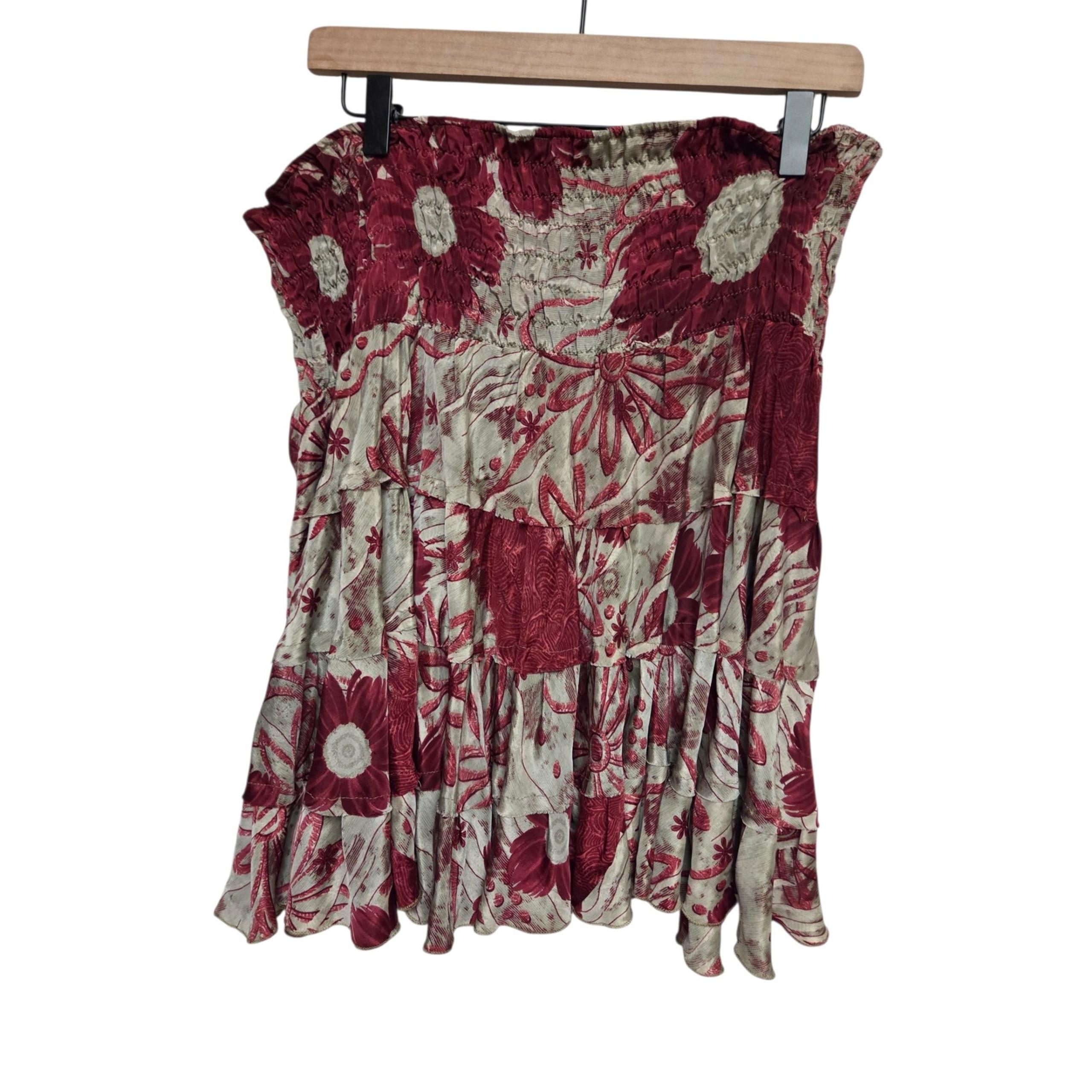 Style Unlimited Floral Ruffle Skirt Smocked Waist Tiered Red Beige Boho