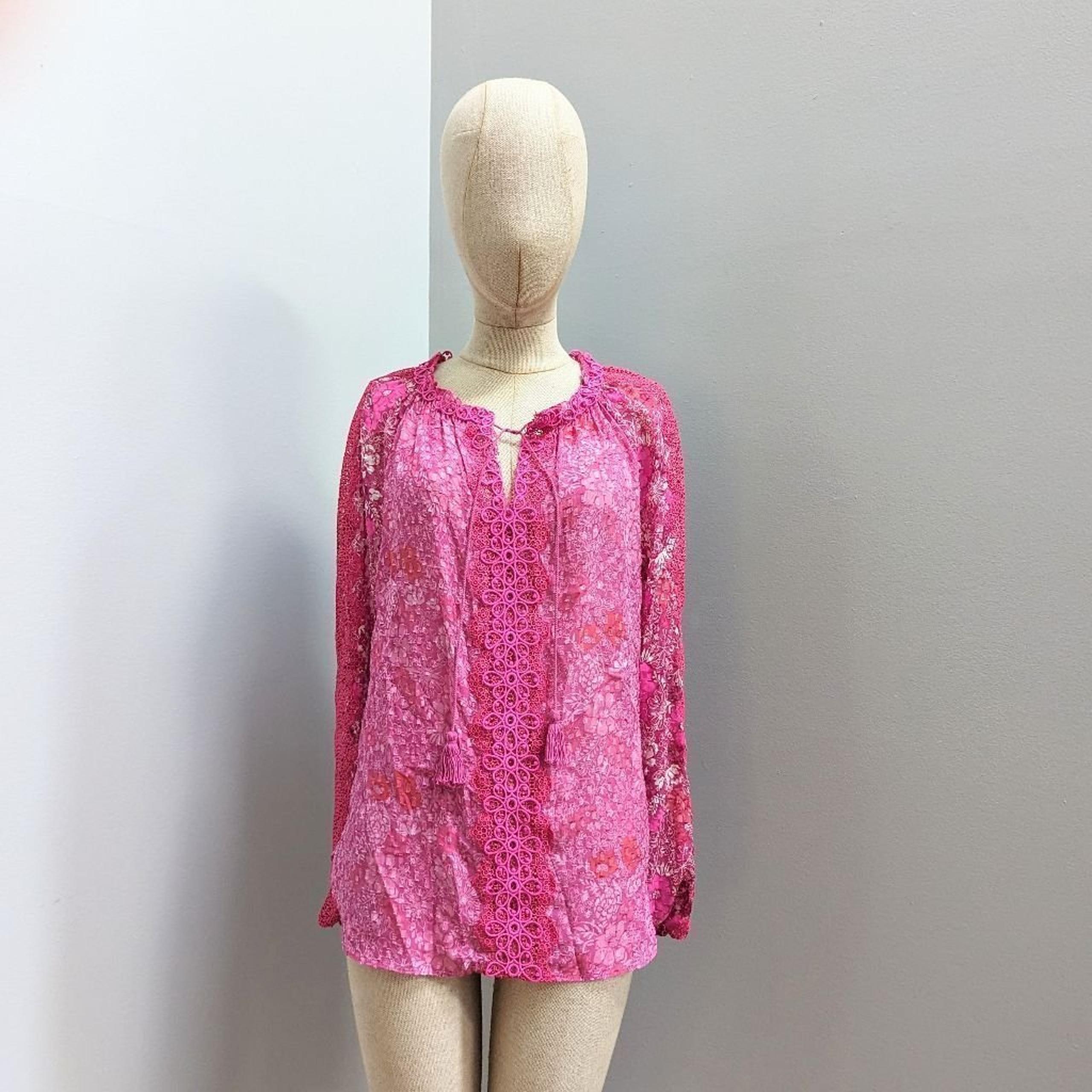 Elie Tahari Silk Blend Tassel Tie Embroidered Pink Floral Blouse XS
