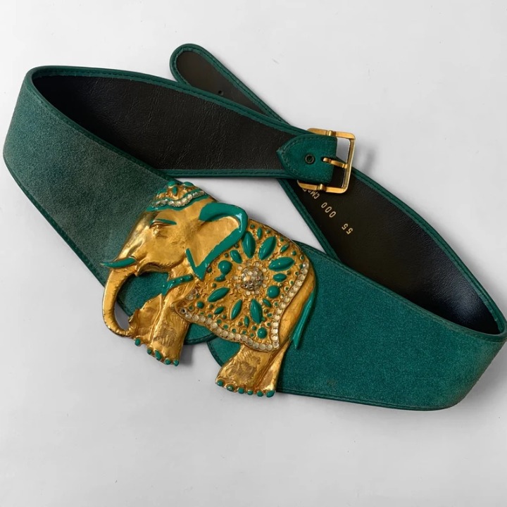 80s Giant Jeweled Elephant Belt High Waist Teal Suede Wide Belt 28