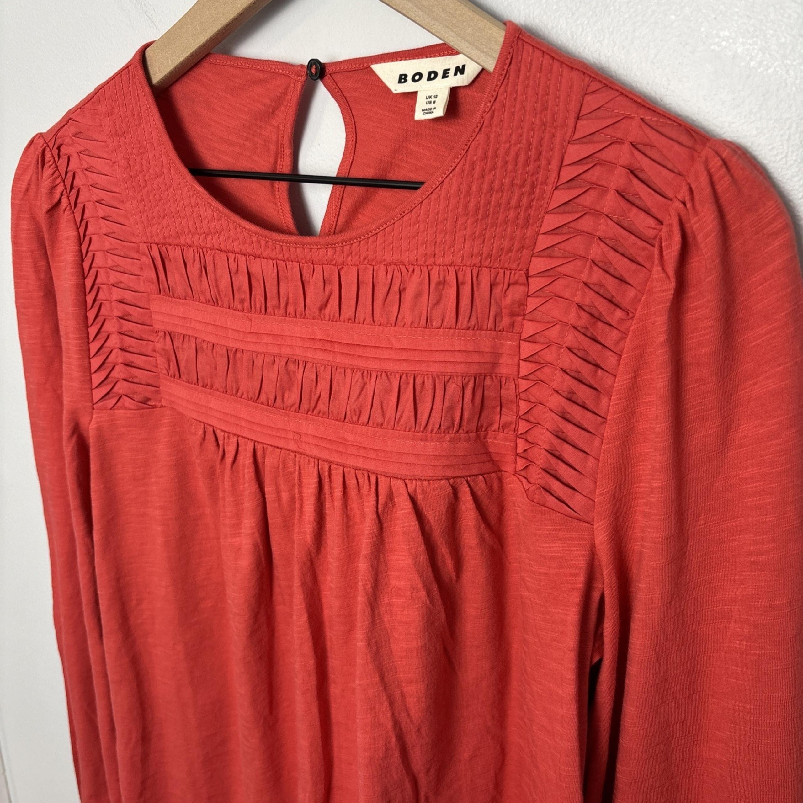 Boden Pintuck Yoke Top in Berry Red Long Sleeve Cotton Women's Size 8