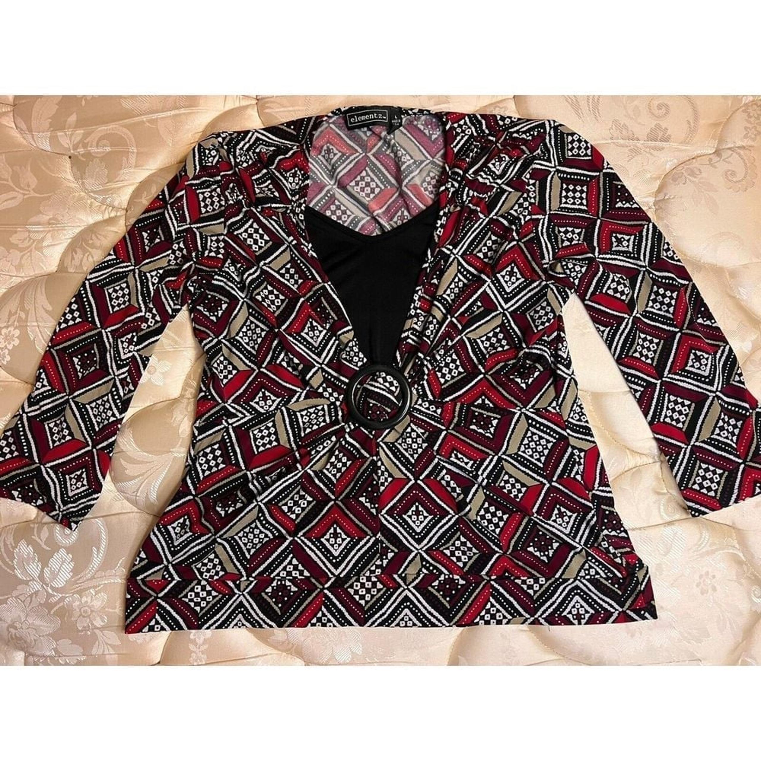 Elementz Womens Multi Blouse Size L Large Diamond Pattern Button Cinch