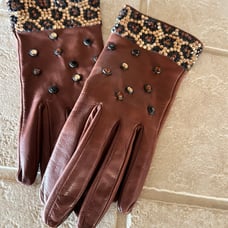 Leather rhinestone leopard gloves