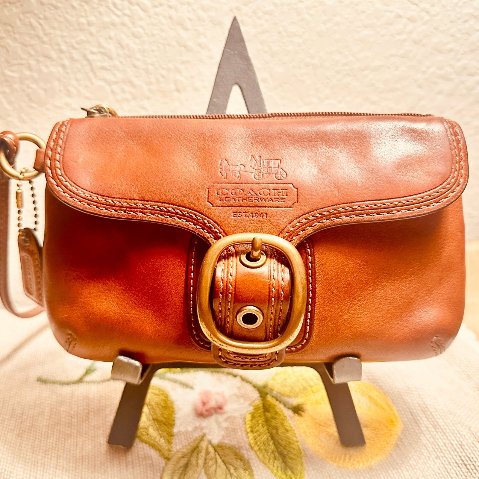 COACH Bleecker Leather English Tan Buckle Flap Wristlet Tattersall Lining