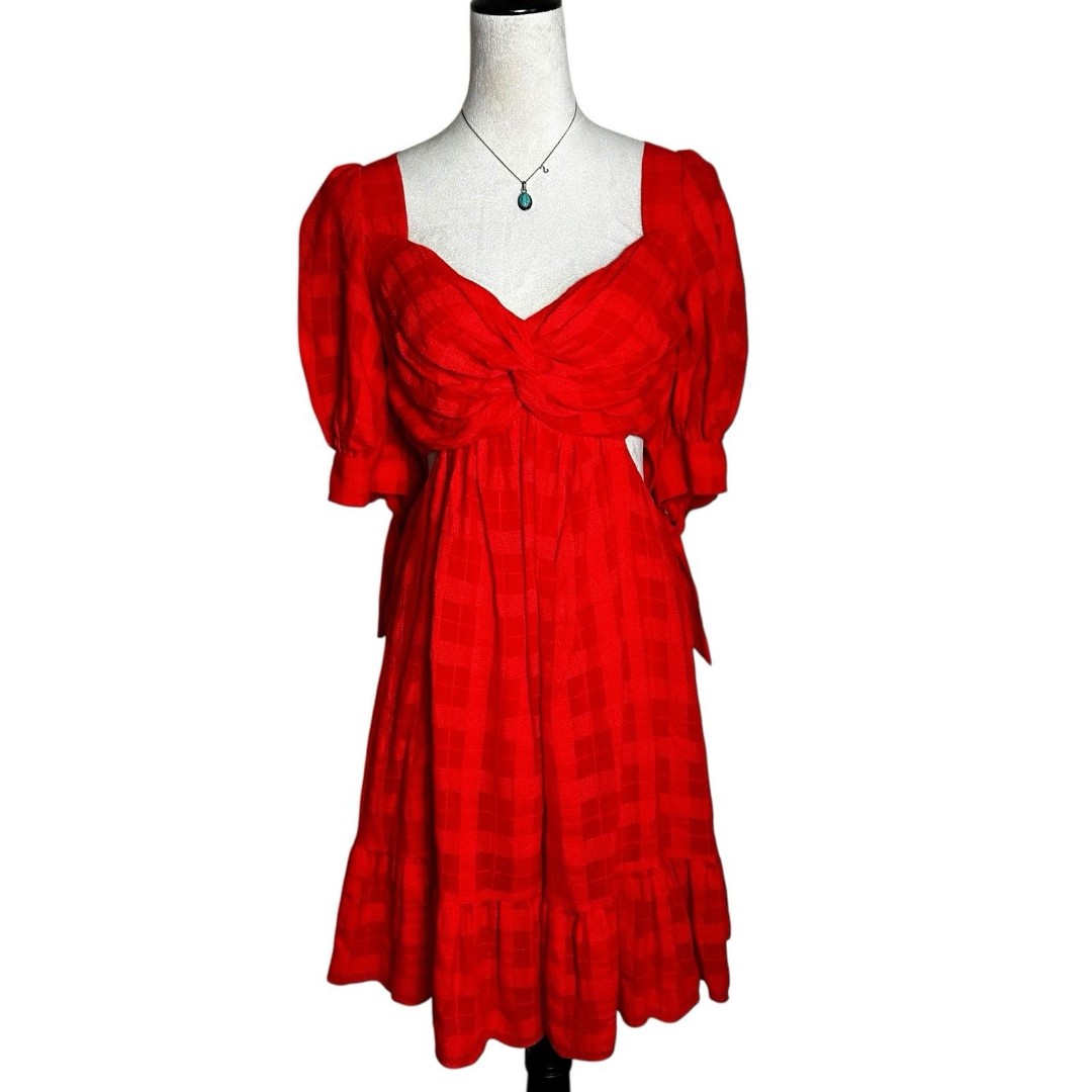 Cinq A Sept Red Sweetheart Cutout Ruffle Puff Sleeve Mediterranean Mini Dress M